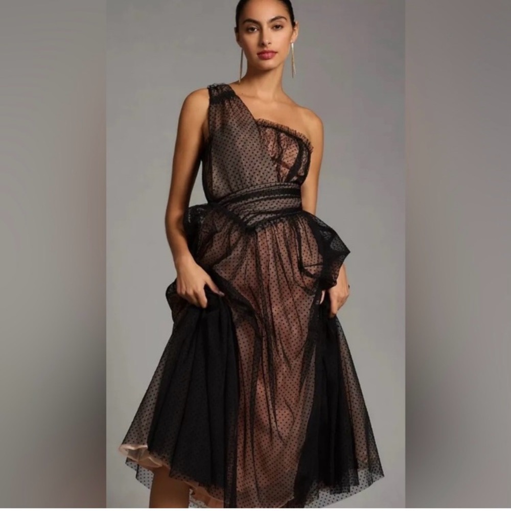 Anthropologie Tulle Dot Maxi Dress One Shoulder Black Dotted Nude Lining Size 6